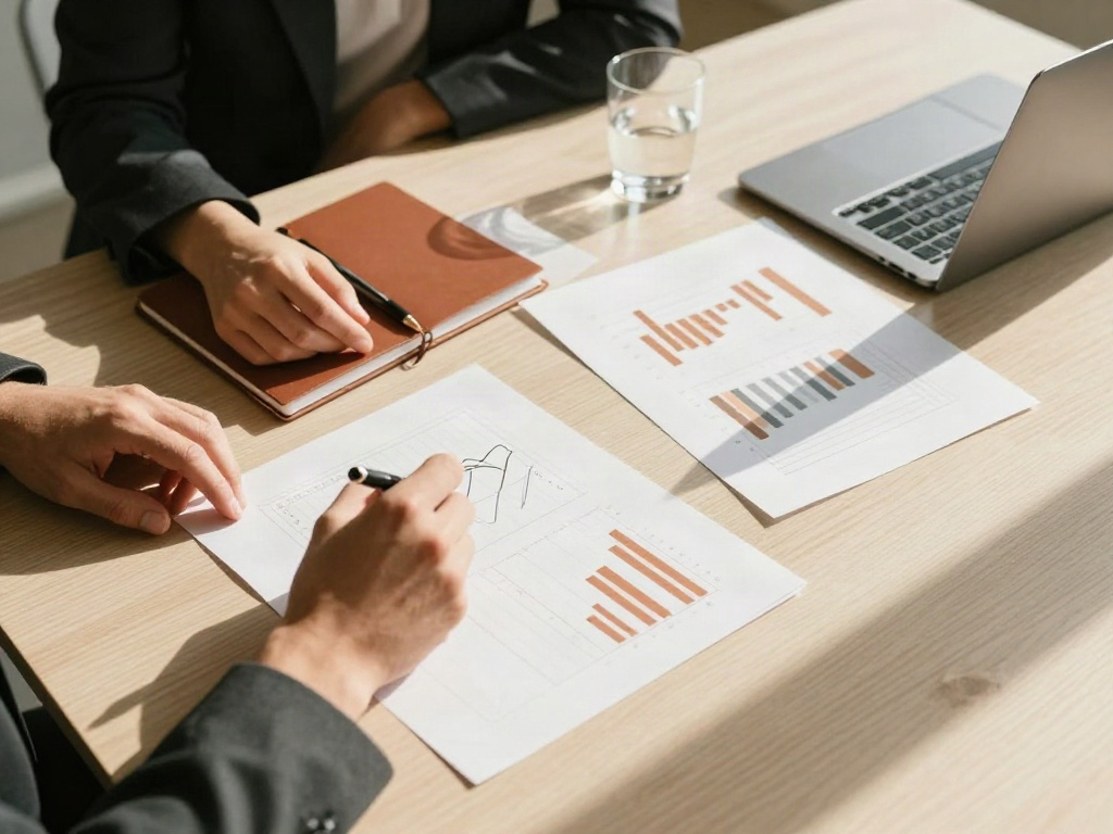 Hands reviewing printed performance charts and strategic priorities around a meeting table